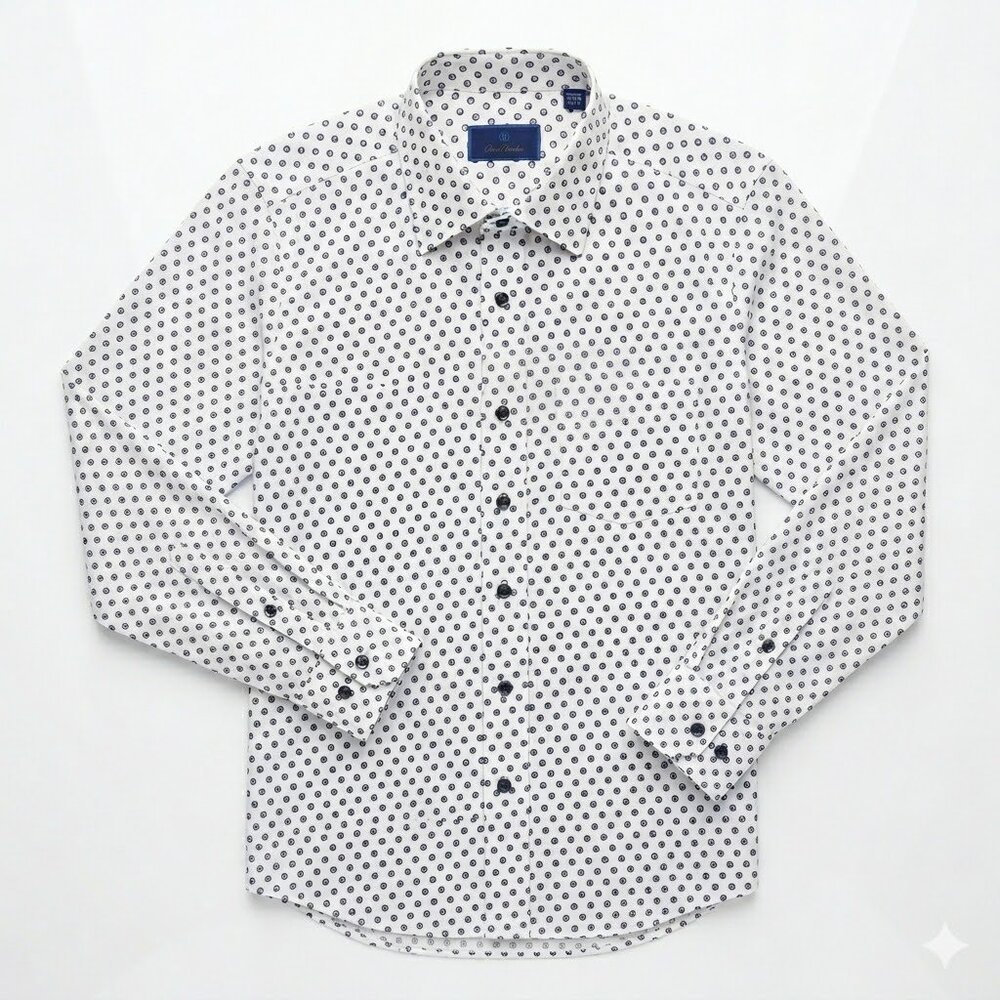 David Donahue Men’s Medium Shirt White Navy Geometric Dot L/S Button Up Luxury